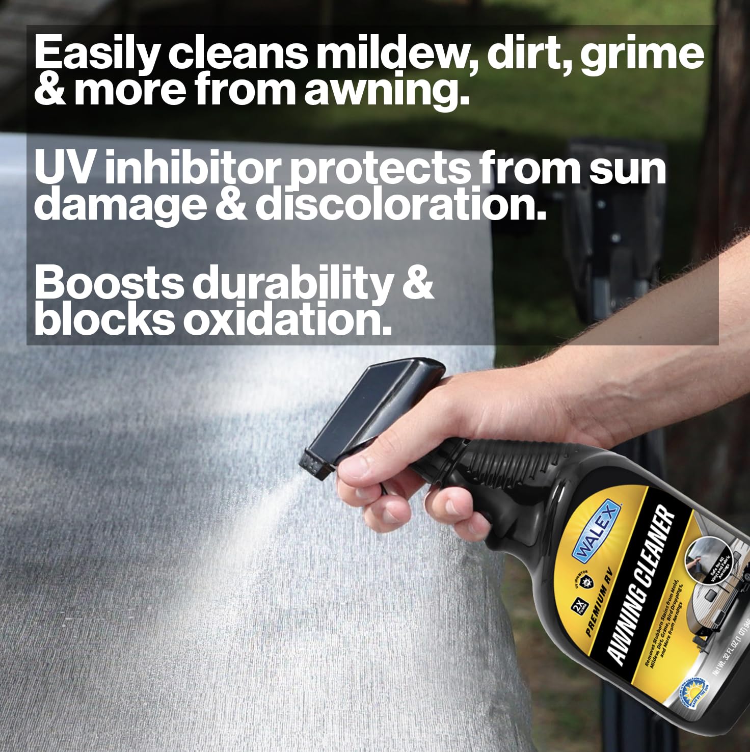 Walex RV Awning Cleaner dissolves tough stains on outdoor fabric