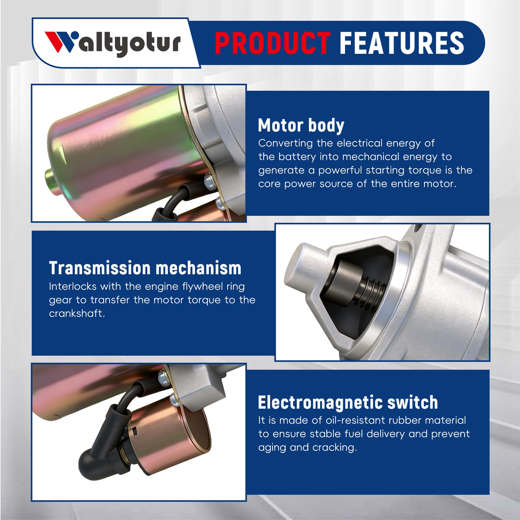 Waltyotur starter motor with Predator compatibility chart showing broad engine coverage.