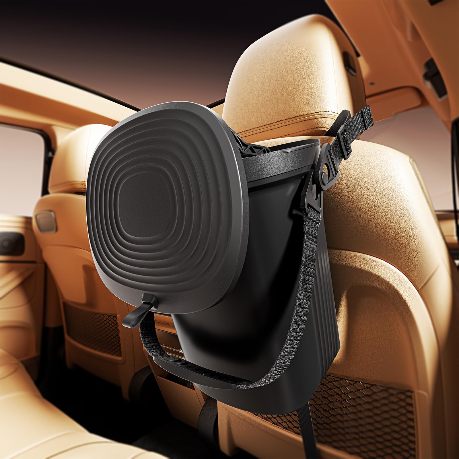 Waretary headrest suspension keeps the bin steady during drives.