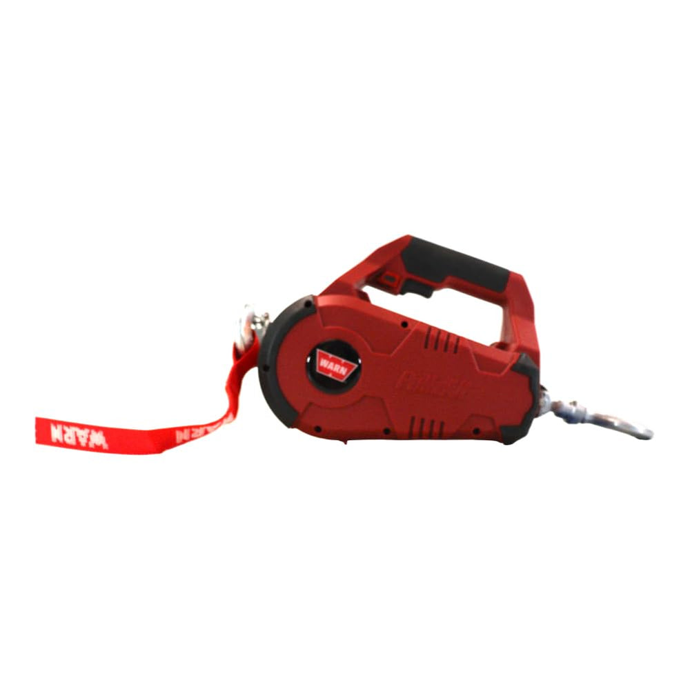 WARN PullzAll corded 120V winch side view for portable lifting on job sites.