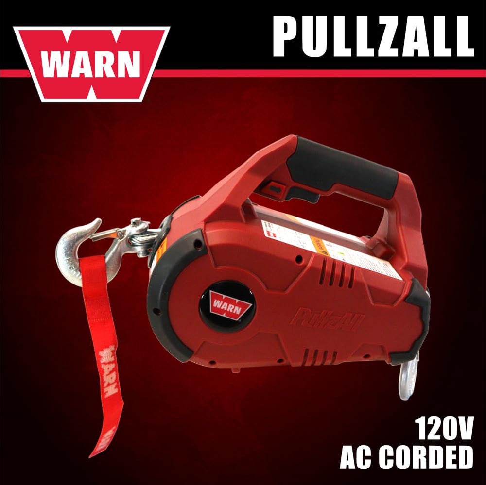 WARN PullzAll corded winch with 15ft wire rope ready for precise pulls.