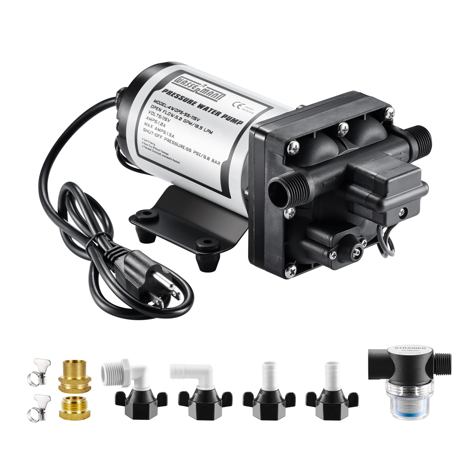 Wassermann RV water pump delivers 5 GPM at 55 PSI for reliable on-demand water.