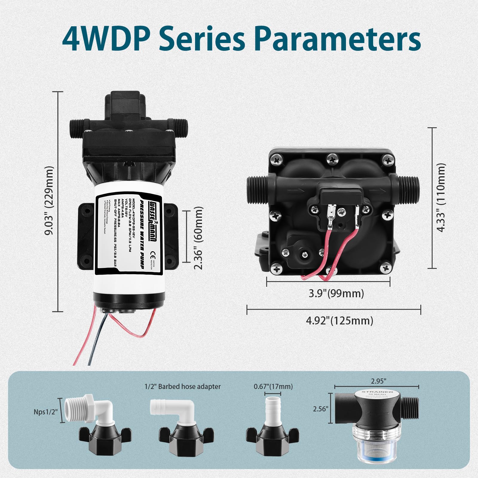 Wassermann 5 GPM pump delivering steady pressure for showers.