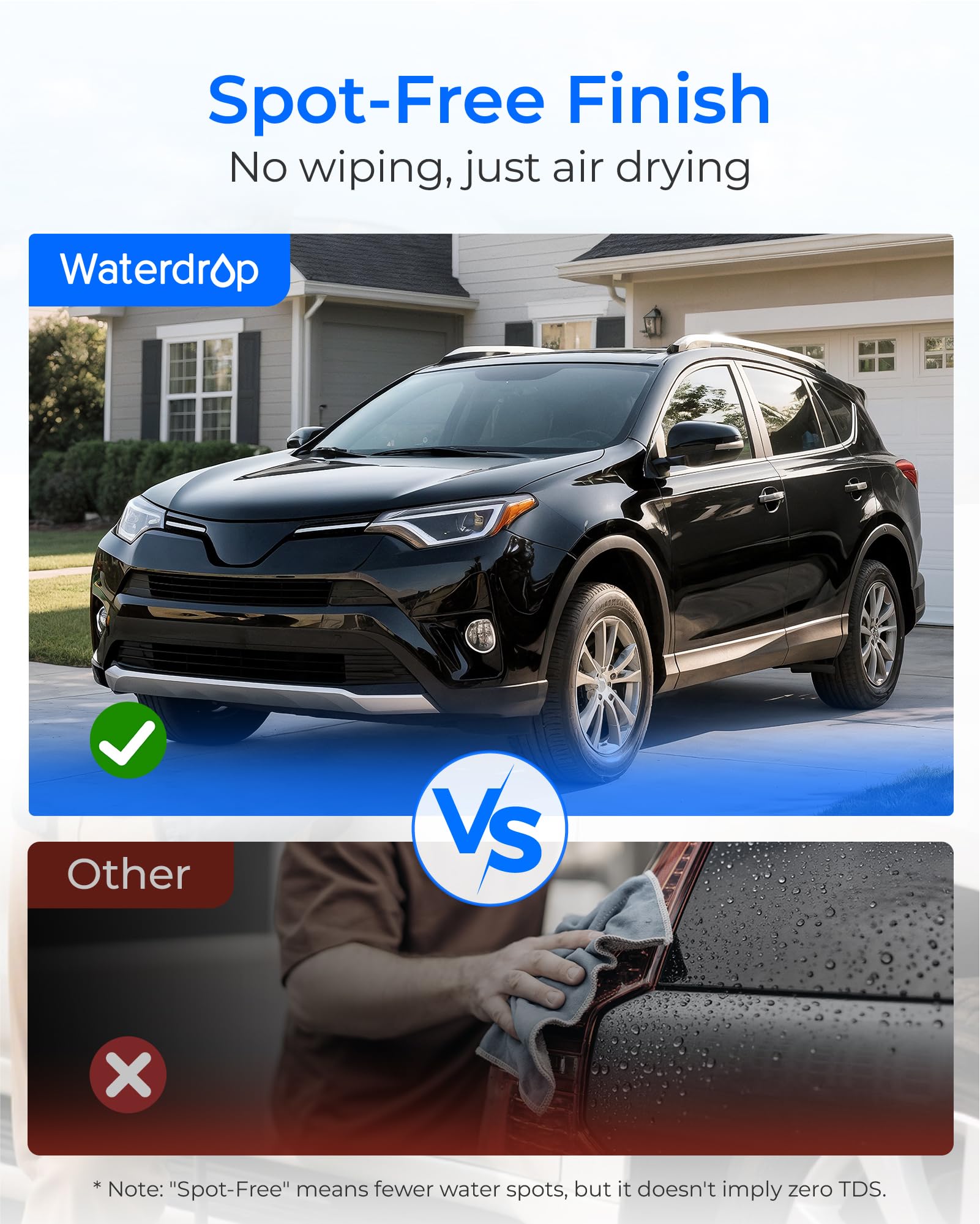 Waterdrop water deionizer for car washing clarifies droplets for a brighter finish