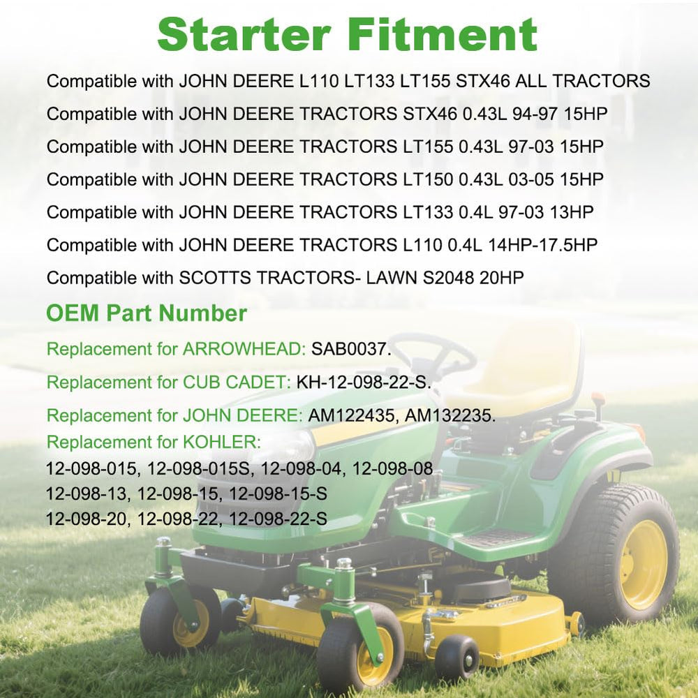 WATERWICH starter for John Deere LT133 side view highlighting secure mounting