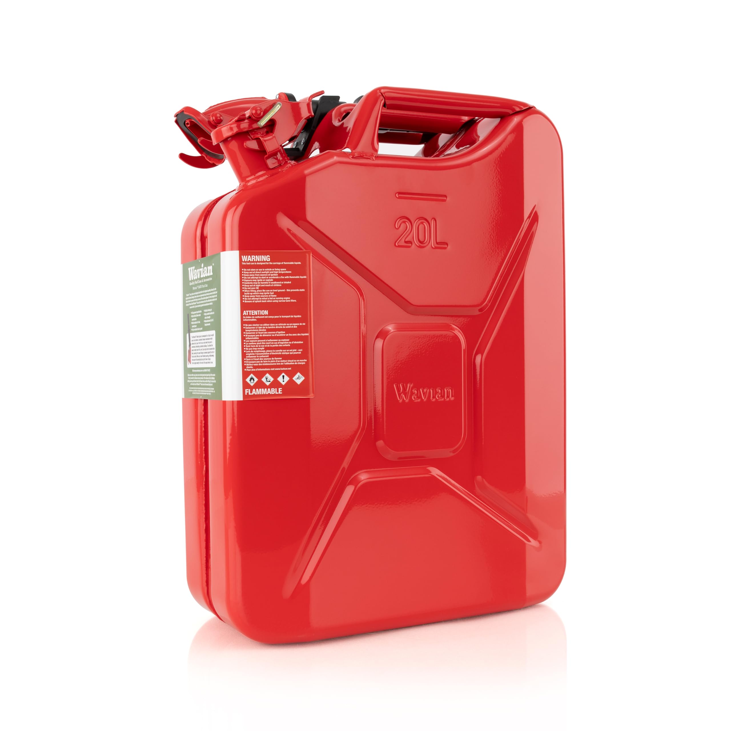 Wavian EPA CARB compliant label on red fuel can