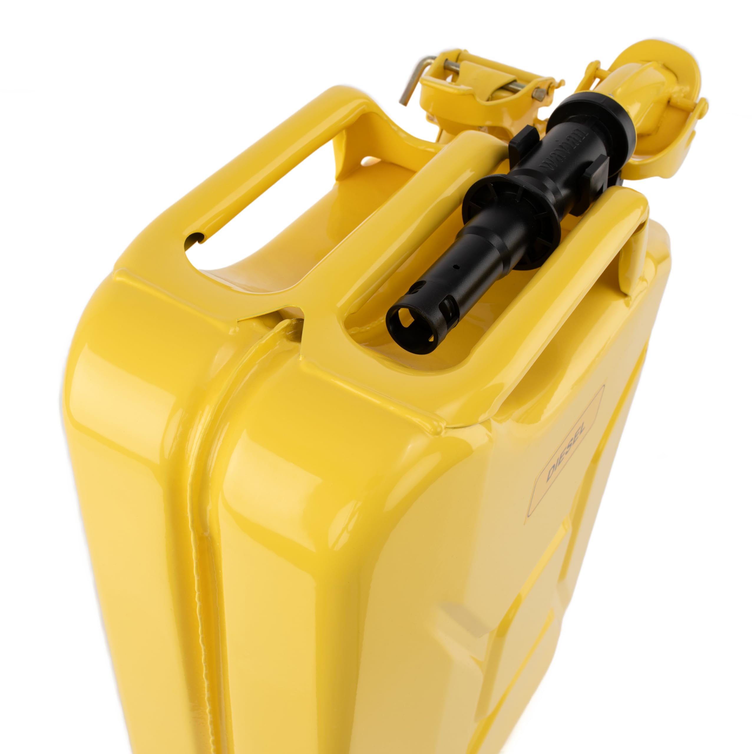 Wavian 5-gallon yellow side profile showing durable steel body