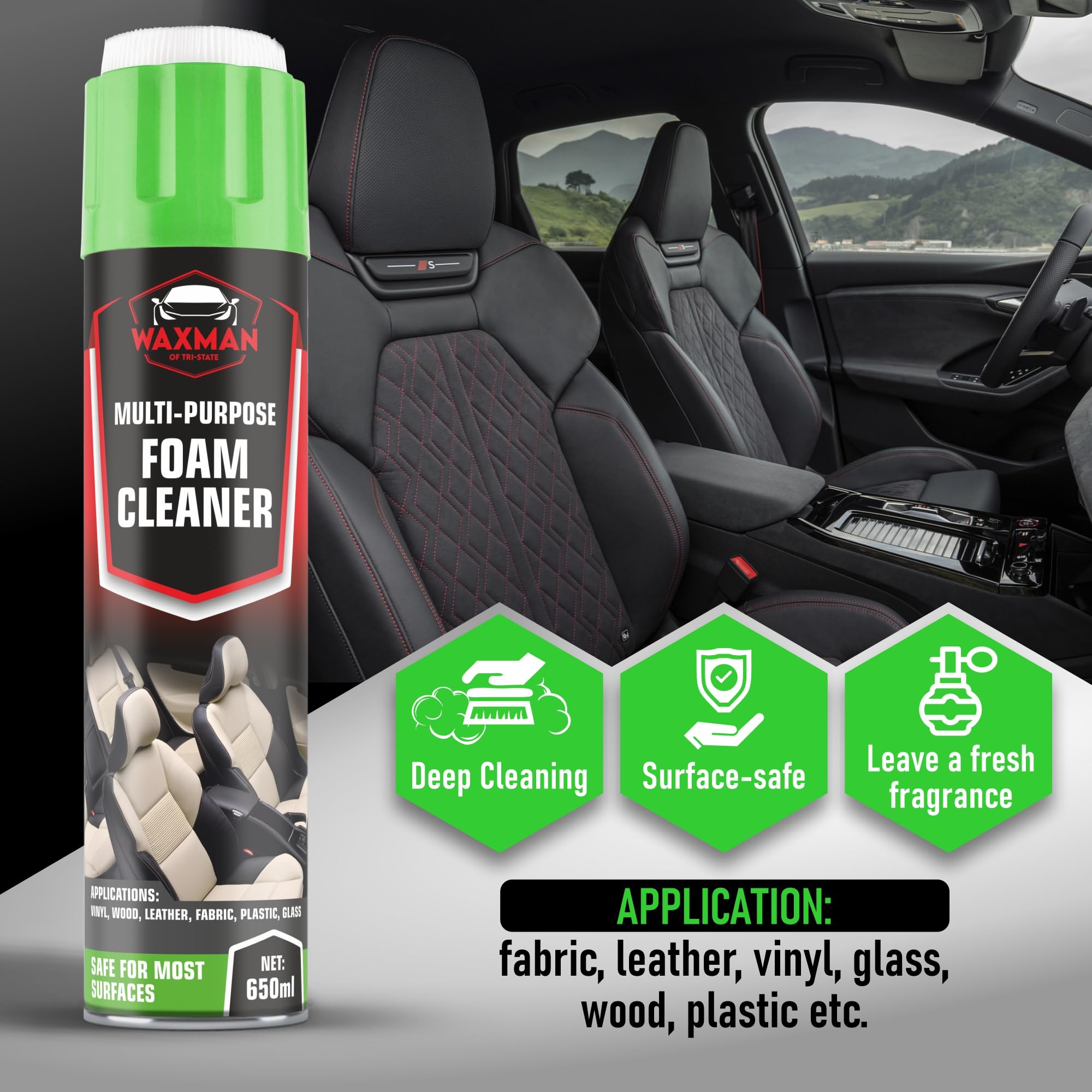 Waxman Tri State soft-brush-cap detail demonstrates gentle leather and vinyl care.