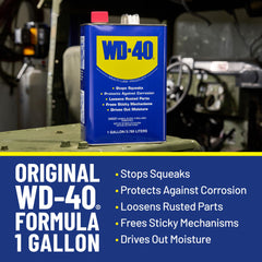 WD-40 Original Formula frees sticky parts like hinges and latches.