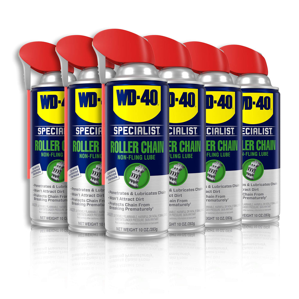 WD-40 Specialist Roller Chain Non-Fling Lubricant 10oz bottle for deep chain lubrication.