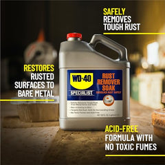 Rusty metal parts soaking in WD-40 Specialist Rust Remover Soak dissolving rust