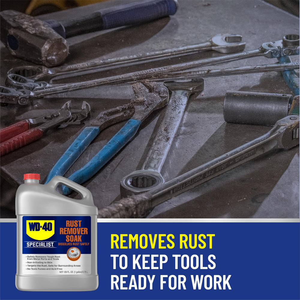 WD-40 Specialist Rust Remover Soak rust-dissolving action soaks away heavy rust from tools safely.