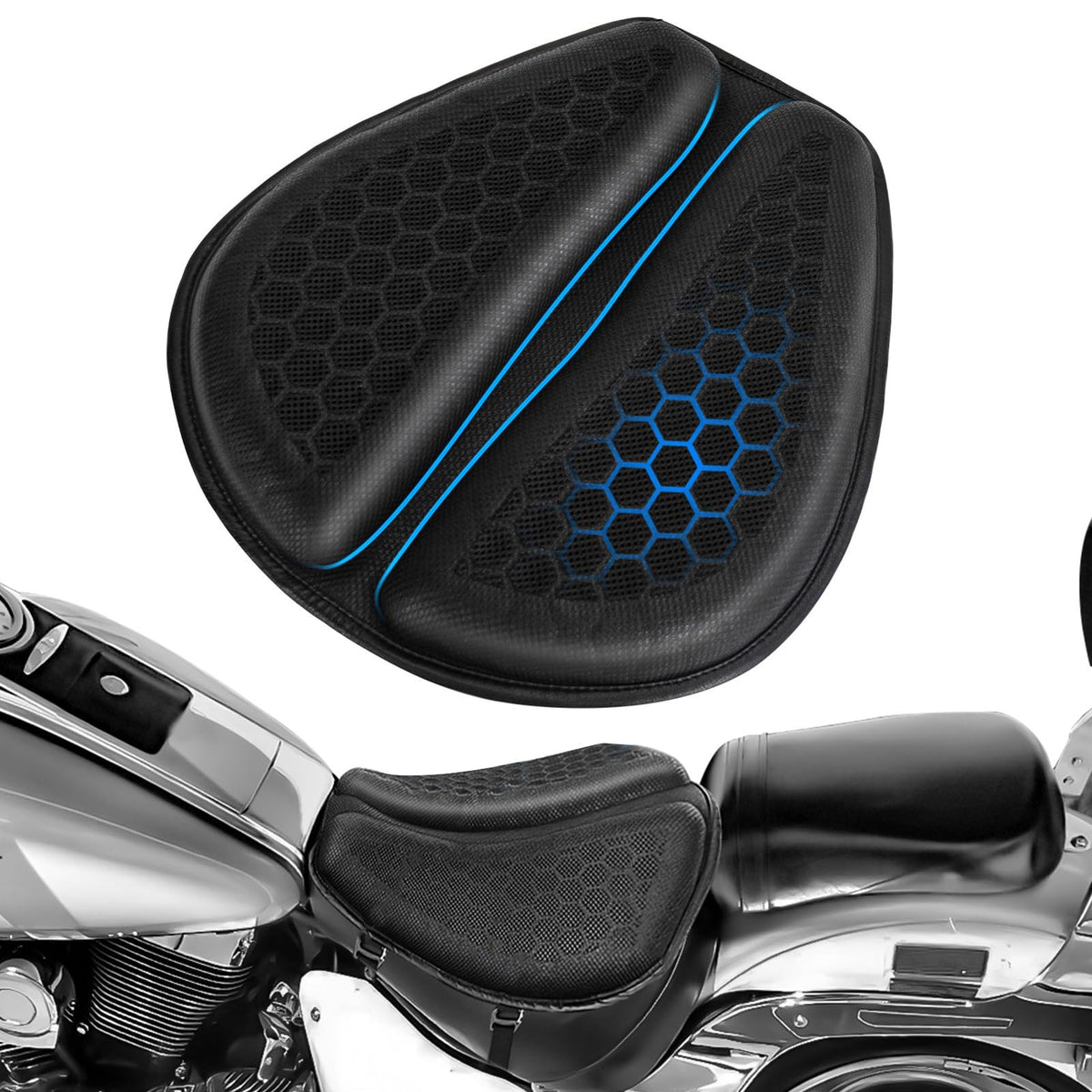 WDG motorcycle seat cushion top view shows 3D honeycomb for cooling