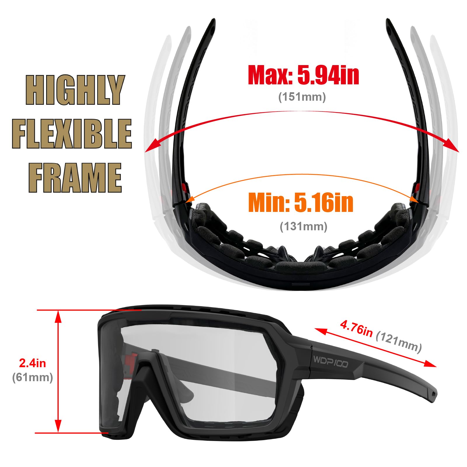 WDP100 Q38 adjustable head strap keeps glasses secure during fast activity