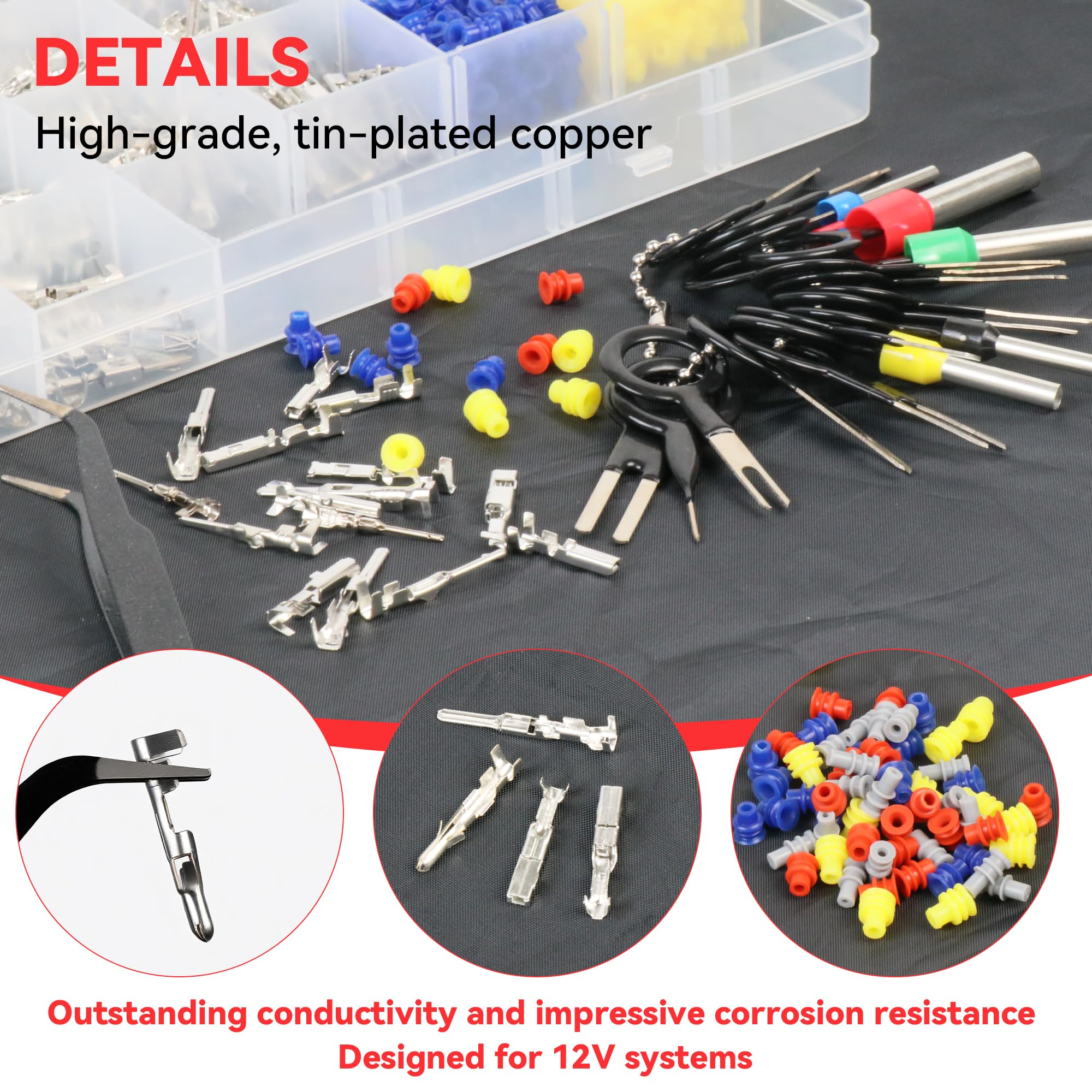 Wearen anti-static tweezers and crimp tool for precise terminations.