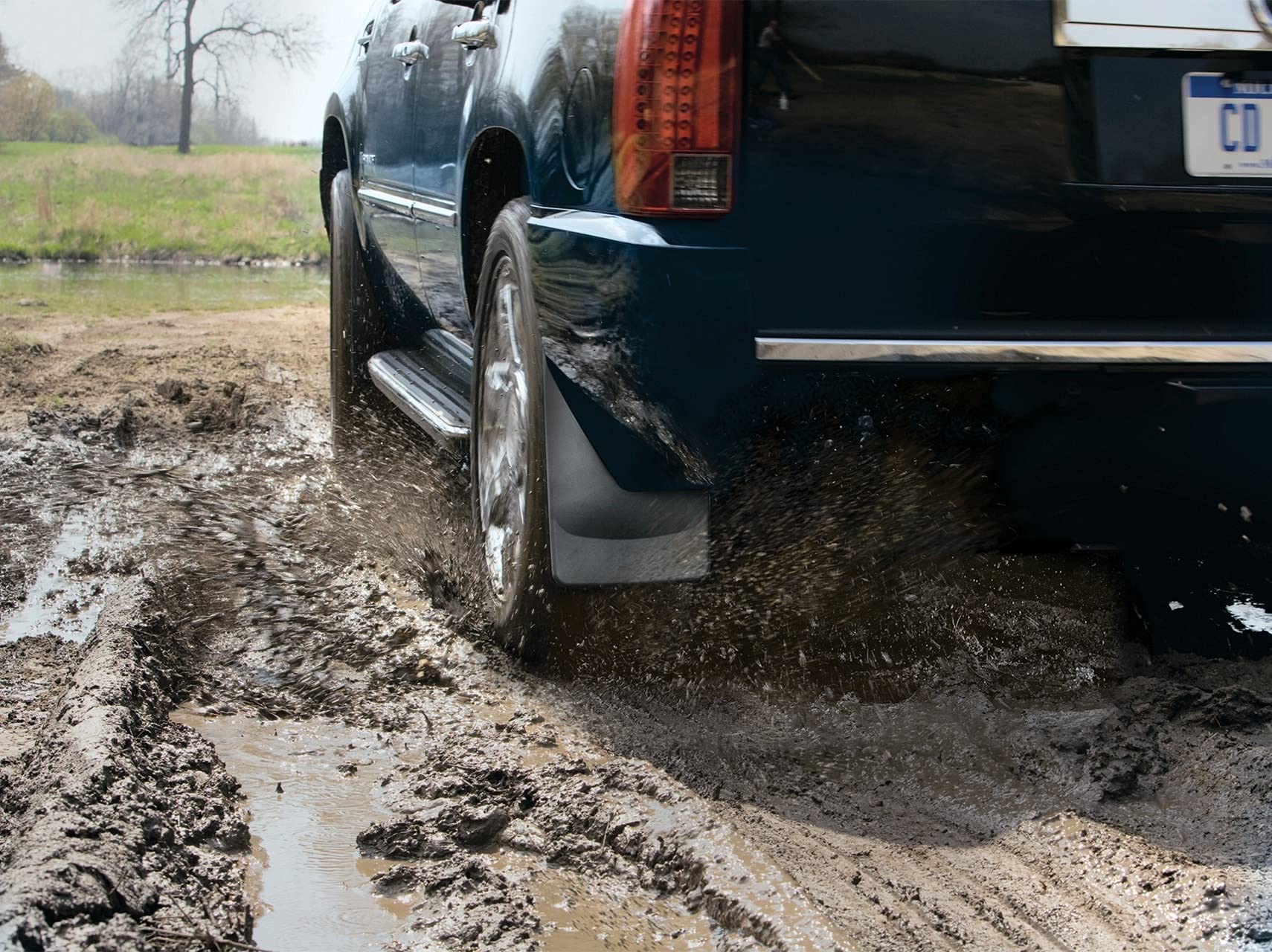 WeatherTech no-drill mudflap rear-right-F150 protects bumper-area from kicked rocks