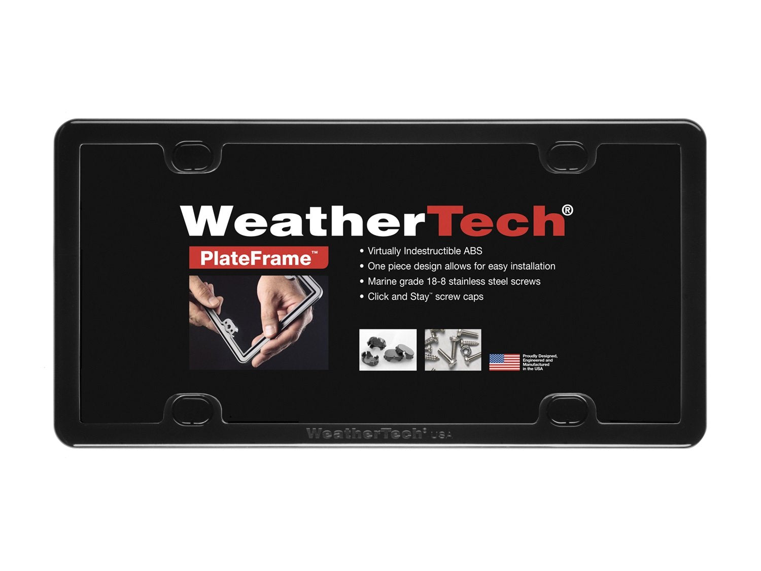 WeatherTech PlateFrame one-piece design for durable protection.