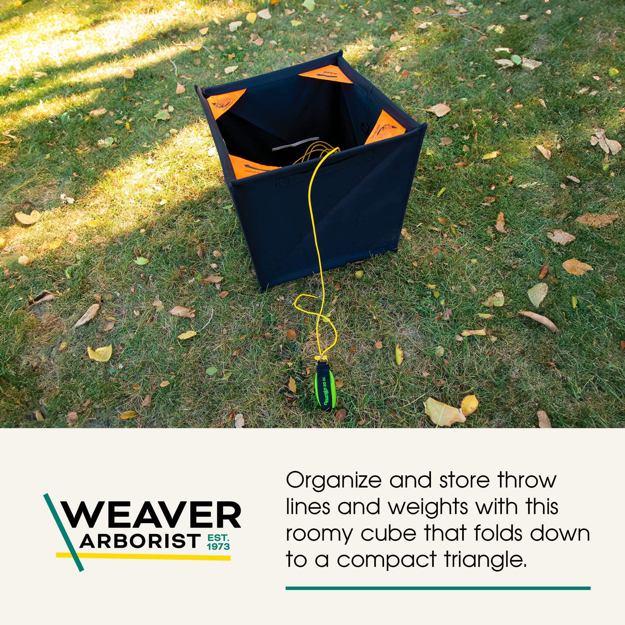 Weaver Arborist storage cube folded into compact triangle for easy transport.