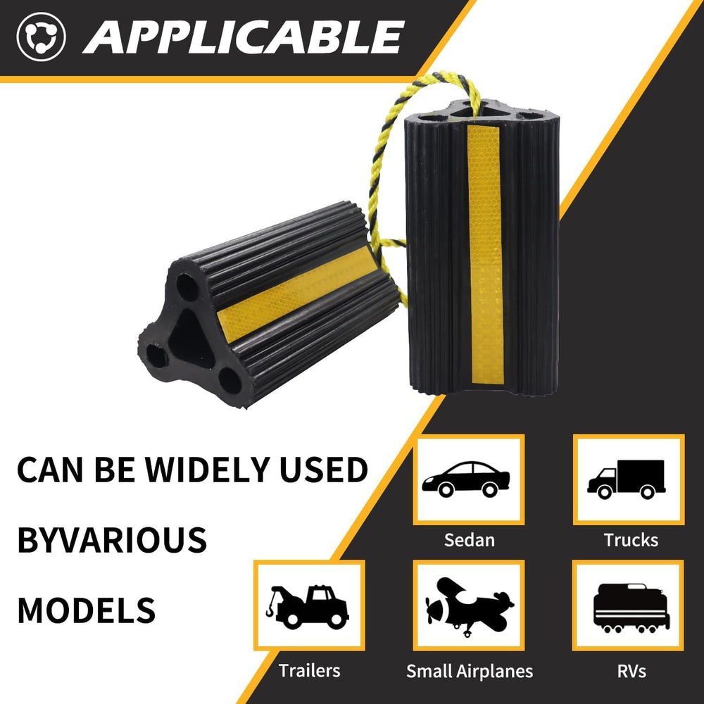 WECARLLE wheel chocks with three reflective strips for high visibility.
