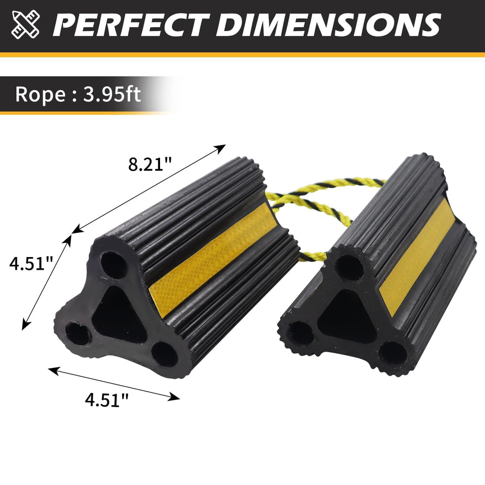 WECARLLE wheel chocks RV trailer side view with robust rubber construction.