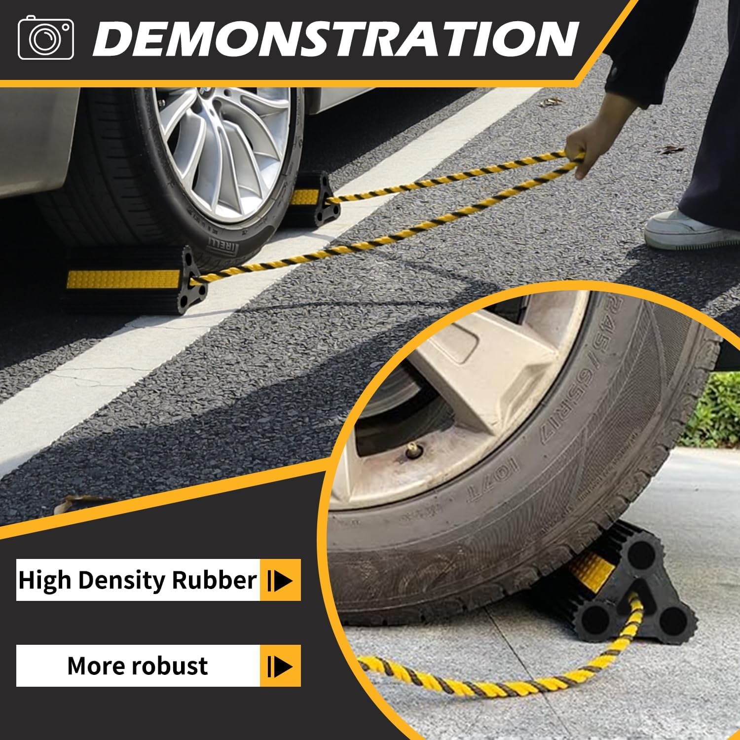 WECARLLE wheel chocks used with trucks for secure parking.