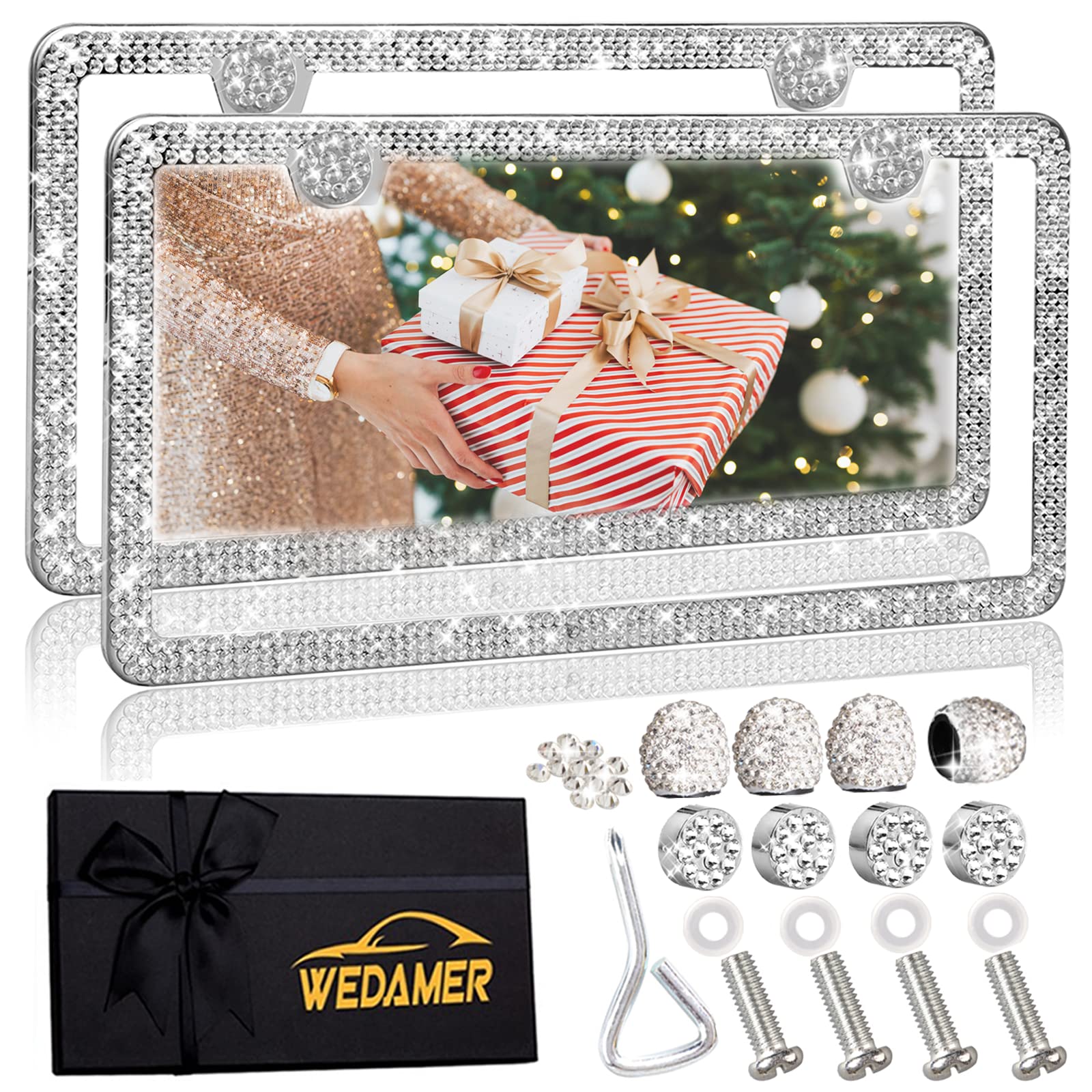 WEDAMER bling license frame front view with crystals adds standout style.