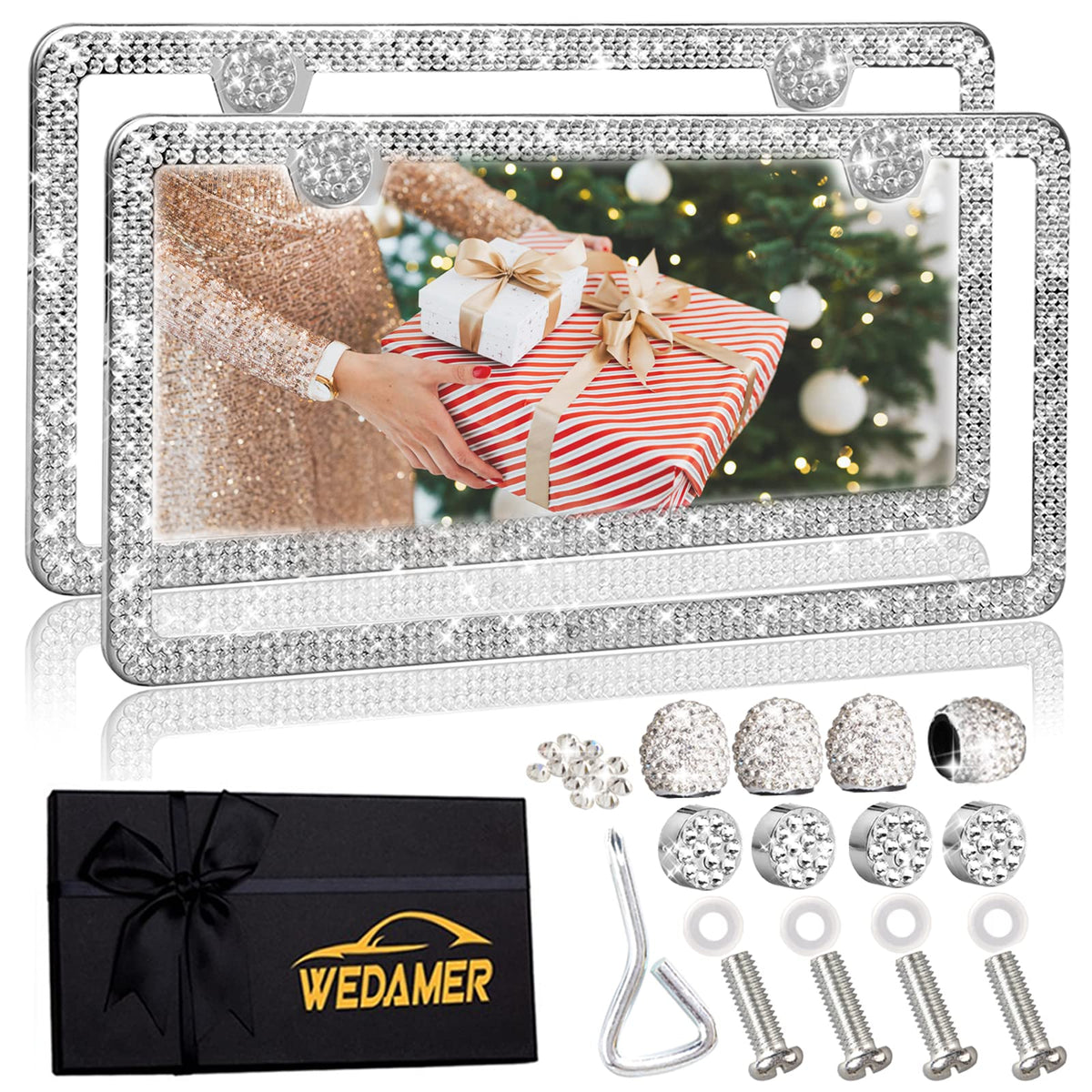 WEDAMER bling license frame front view with crystals adds standout style.