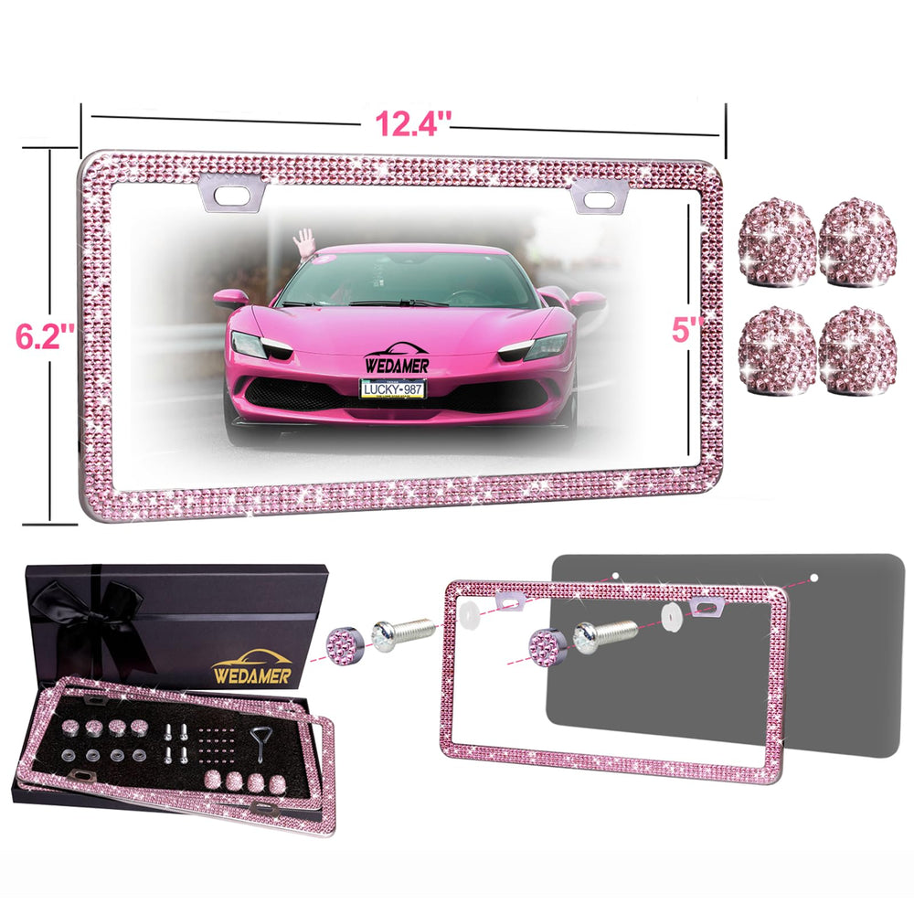 Car-side view shows WEDAMER bling frame enhancing plate area.