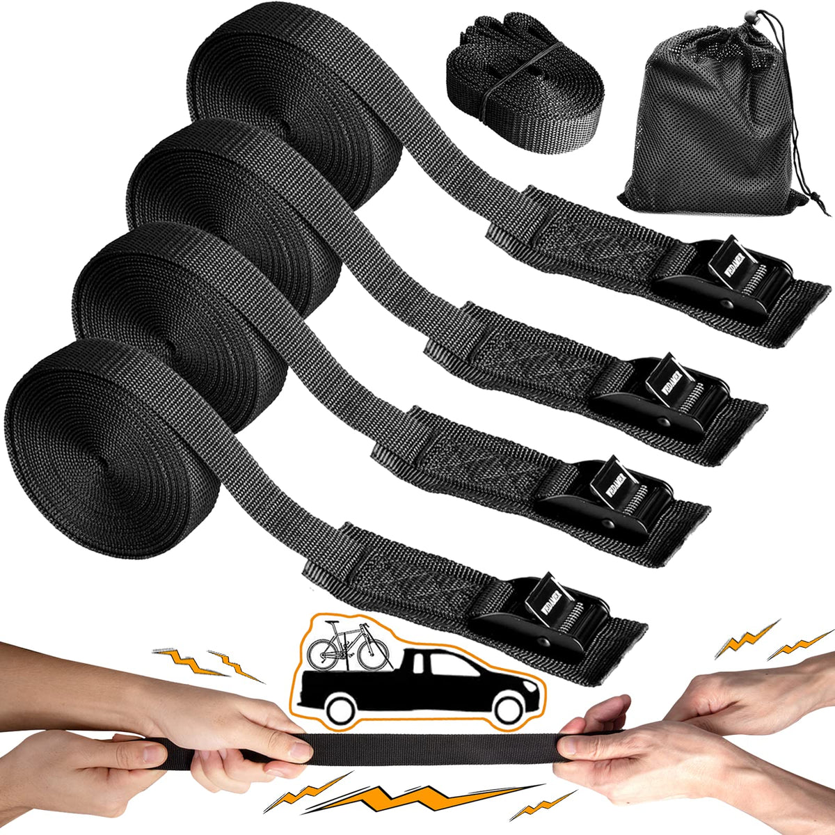 Wedamer kayak tie-down strap with cam buckle secures kayak on roof rack.