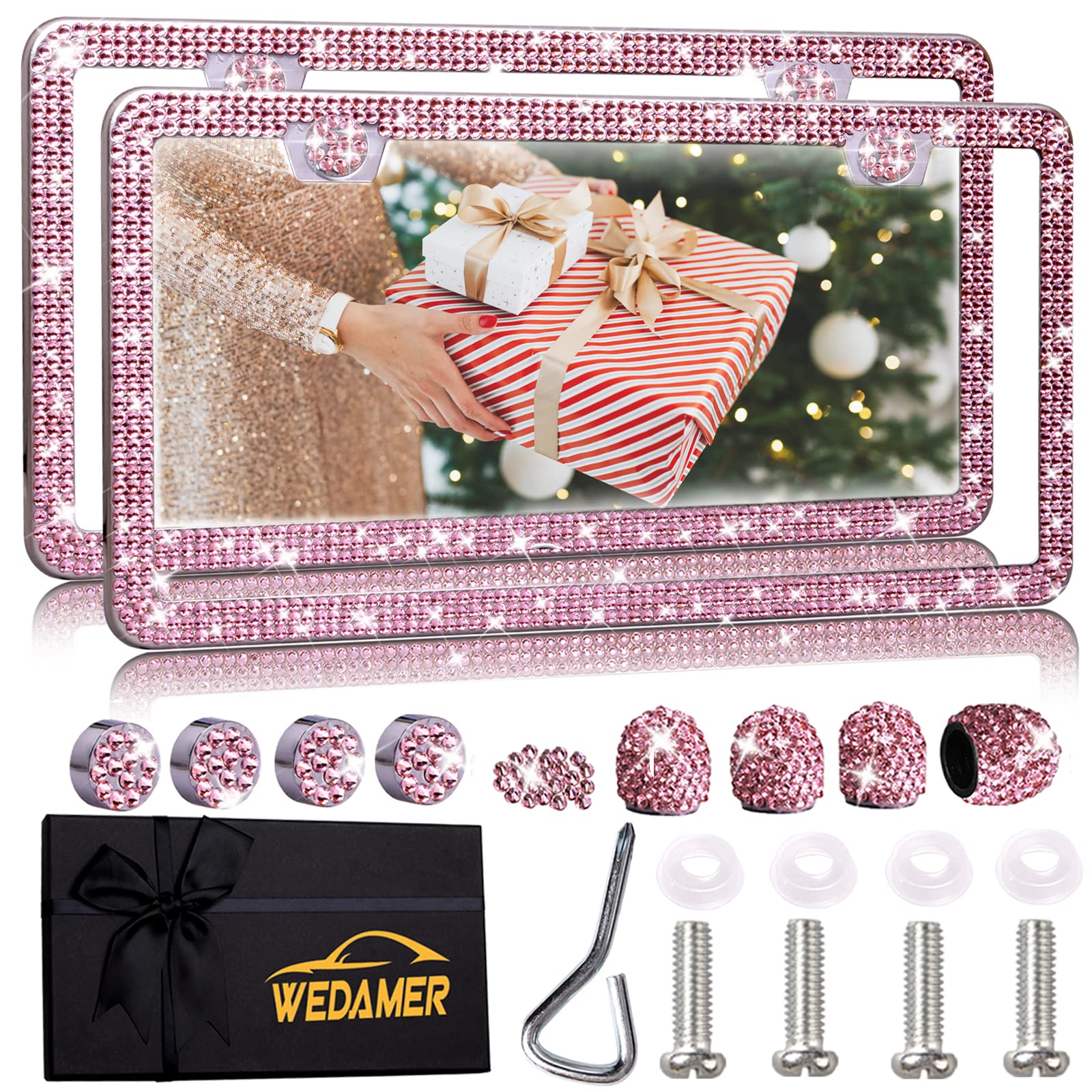 WEDAMER pink bling license plate frame close-up showing rhinestones for curb appeal.