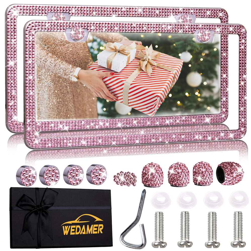 WEDAMER pink bling license plate frame close-up showing rhinestones for curb appeal.