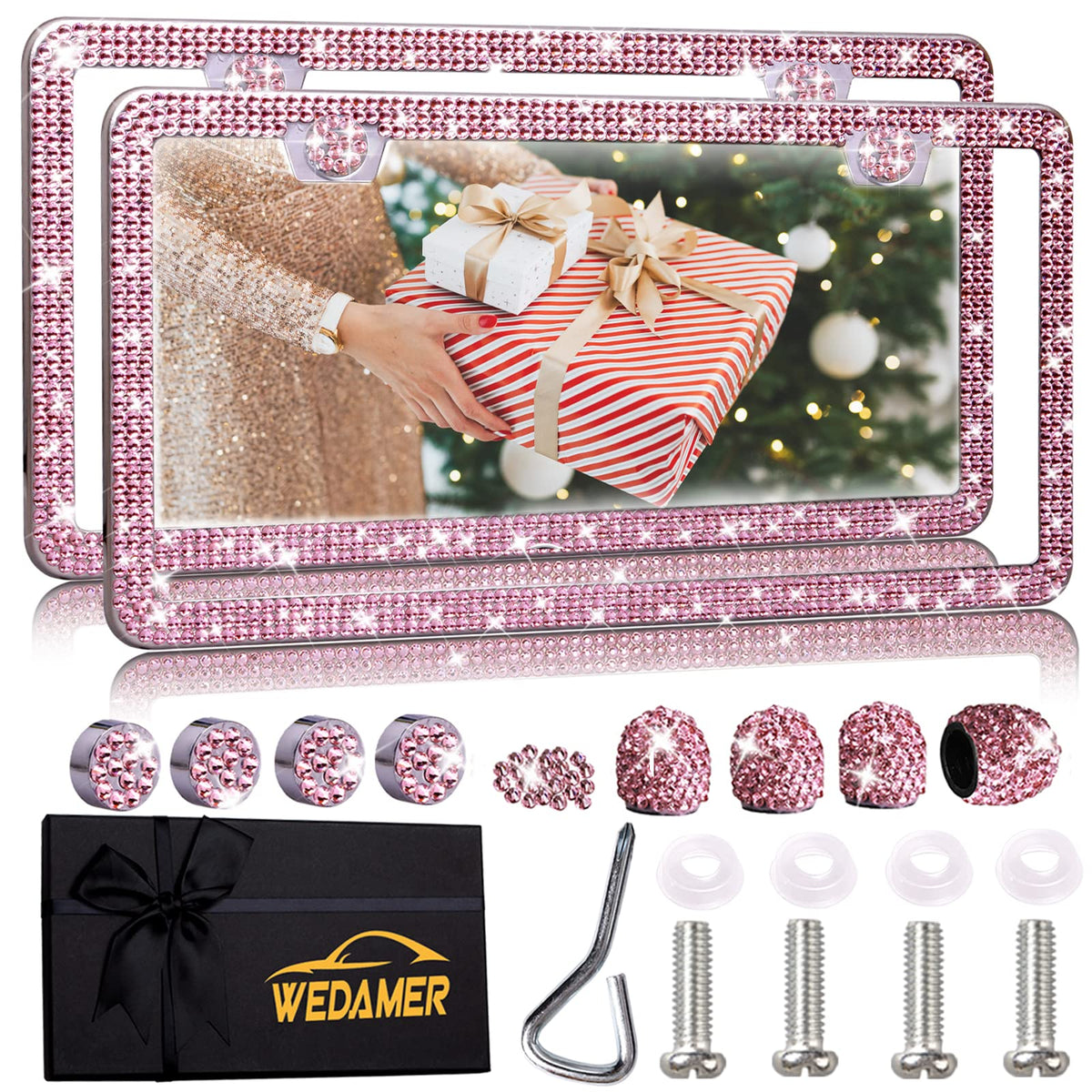 WEDAMER pink bling license plate frame close-up showing rhinestones for curb appeal.