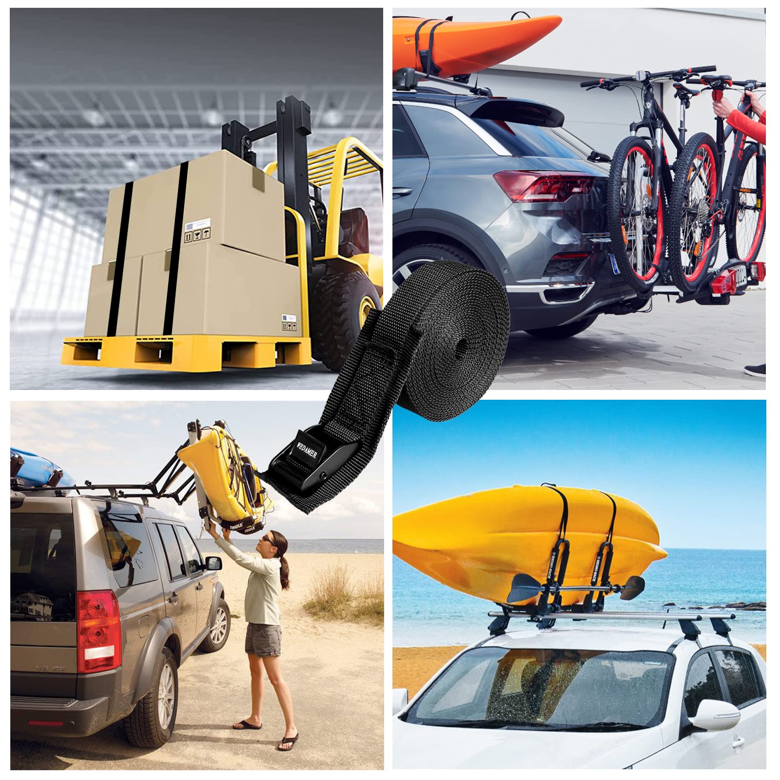 Wedamer truck roof rack strap stabilizes heavy cargo during transit.