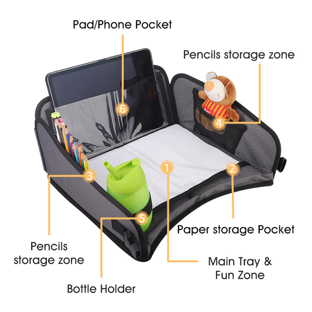 WedFeir car-seat tray organization pockets keep markers and toys within reach