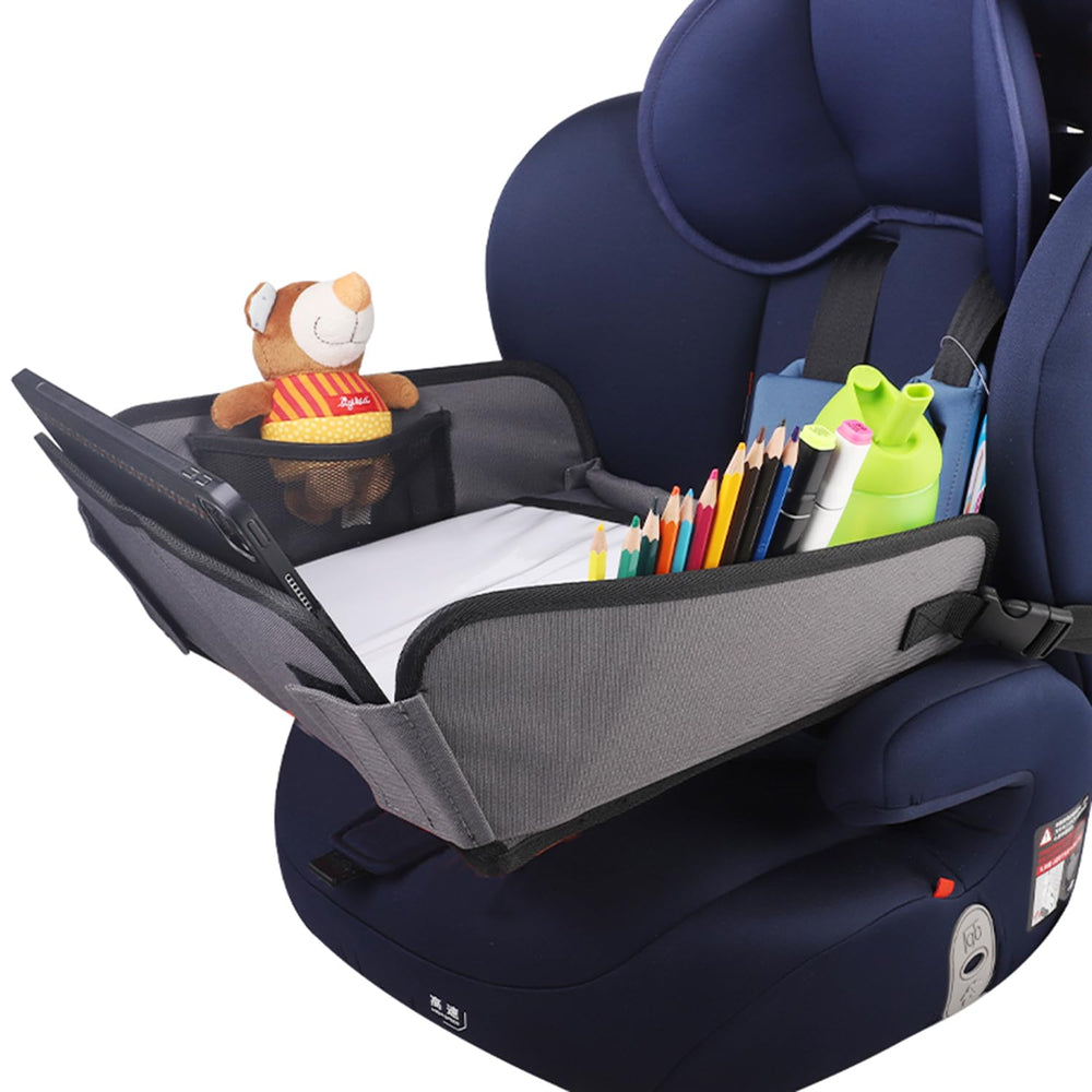 WedFeir Kids Travel Tray Grey in-car setup keeps snacks organized
