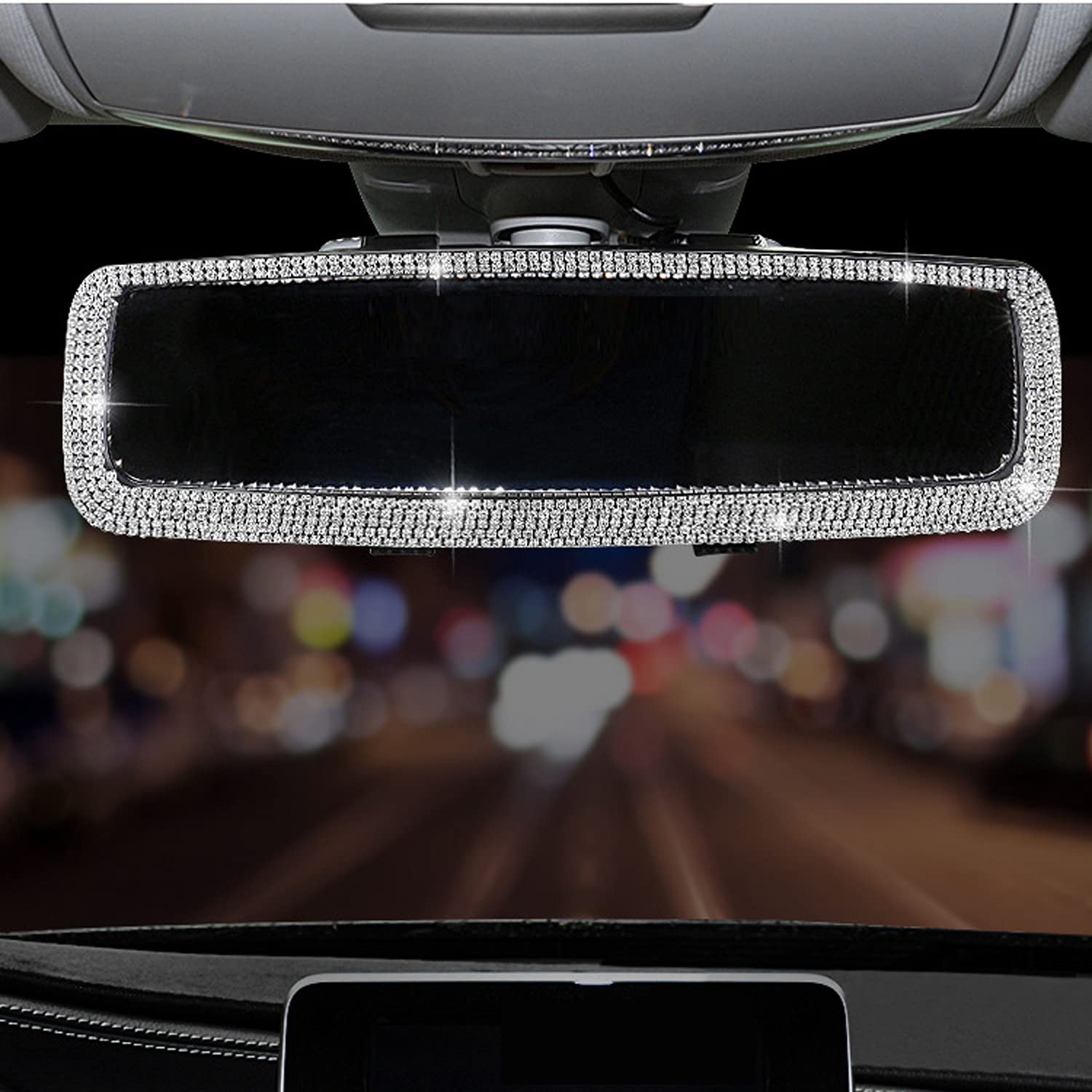 WedFeir rhinestone rear view mirror with crystal diamonds enhances car interior sparkle.