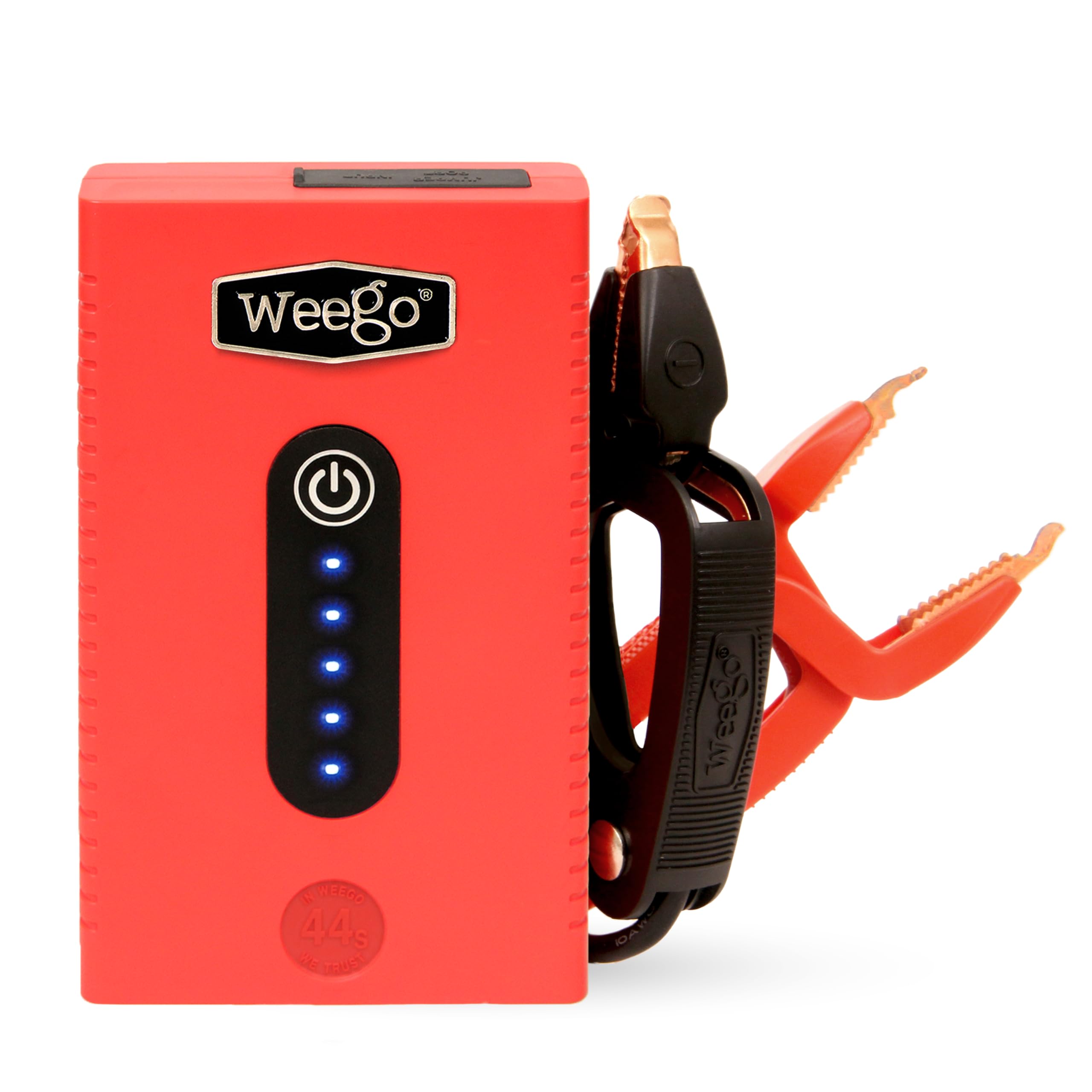 Weego 44s jump starter front view, compact design ready for roadside recovery.