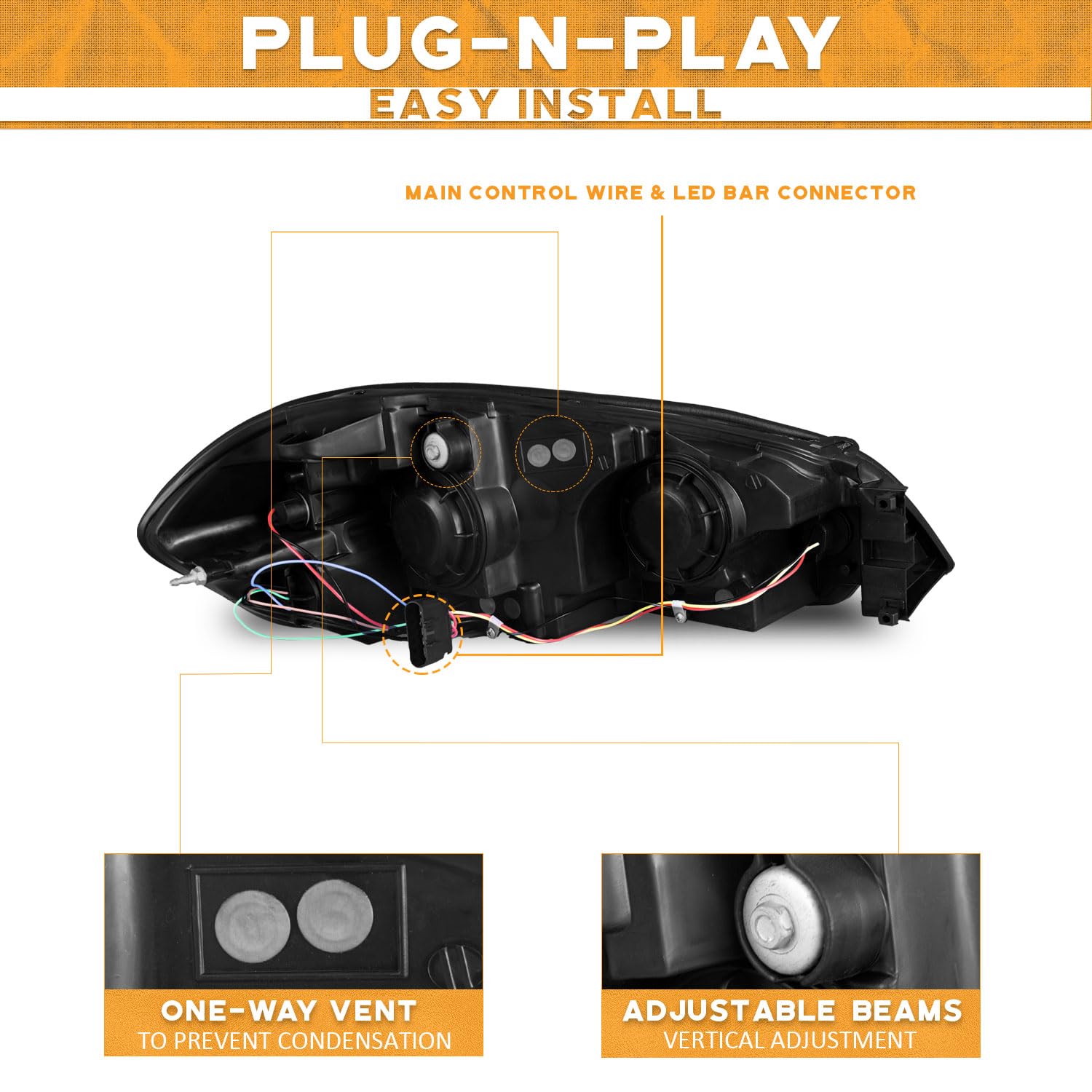 WEELMOTO Chevy Impala headlight front view with black housing and clear reflector