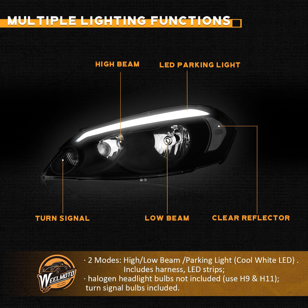WEELMOTO Chevy Monte Carlo replacement headlight with black housing, clear reflector