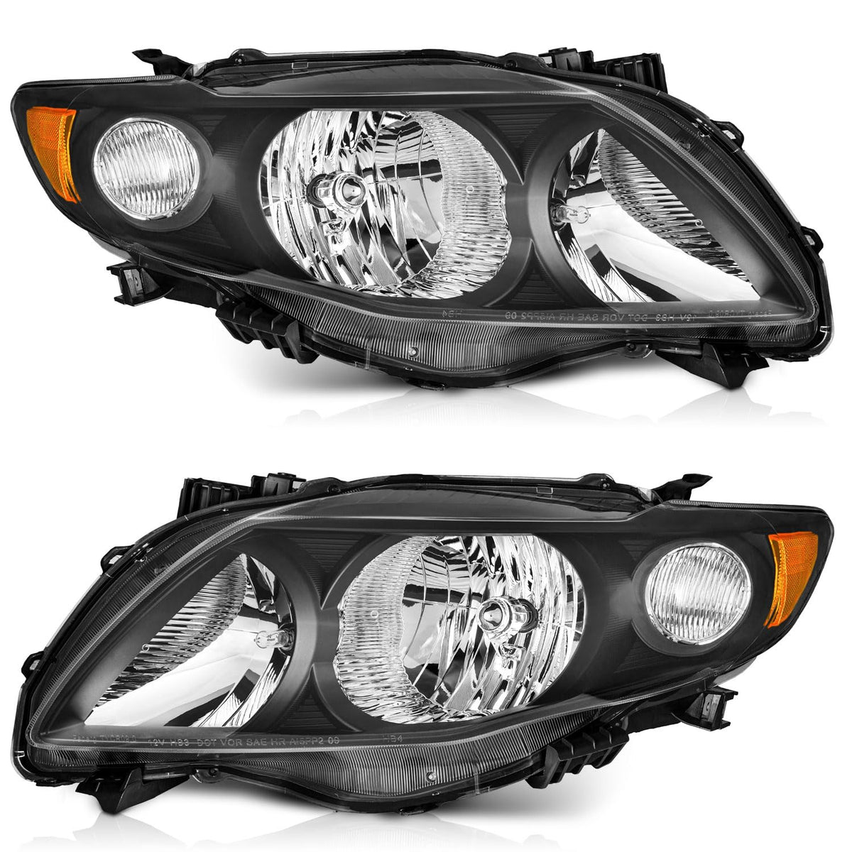 WEELMOTO Corolla left headlight close-up with black housing and amber reflector for safer night driving