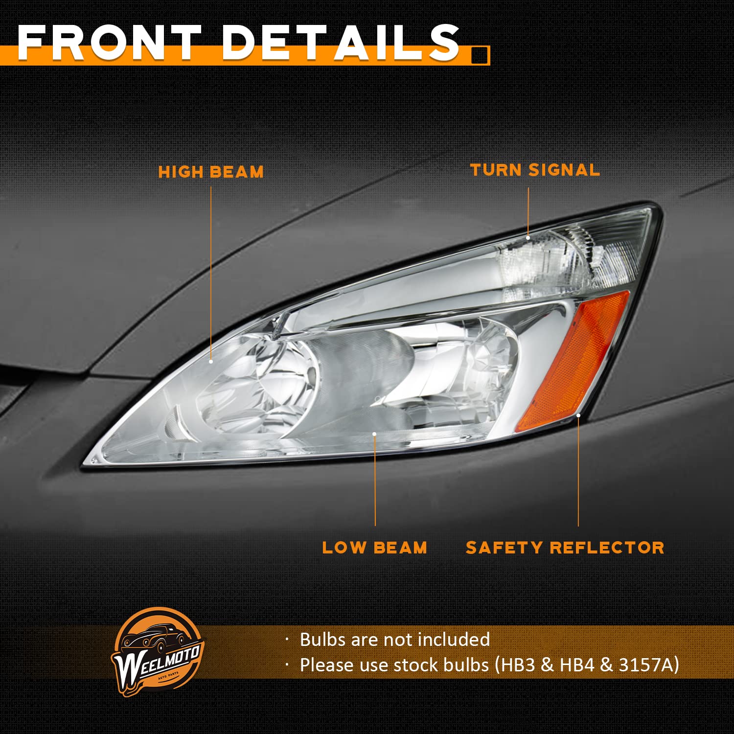 Amber reflector detail on WEELMOTO headlight improves signaling clarity
