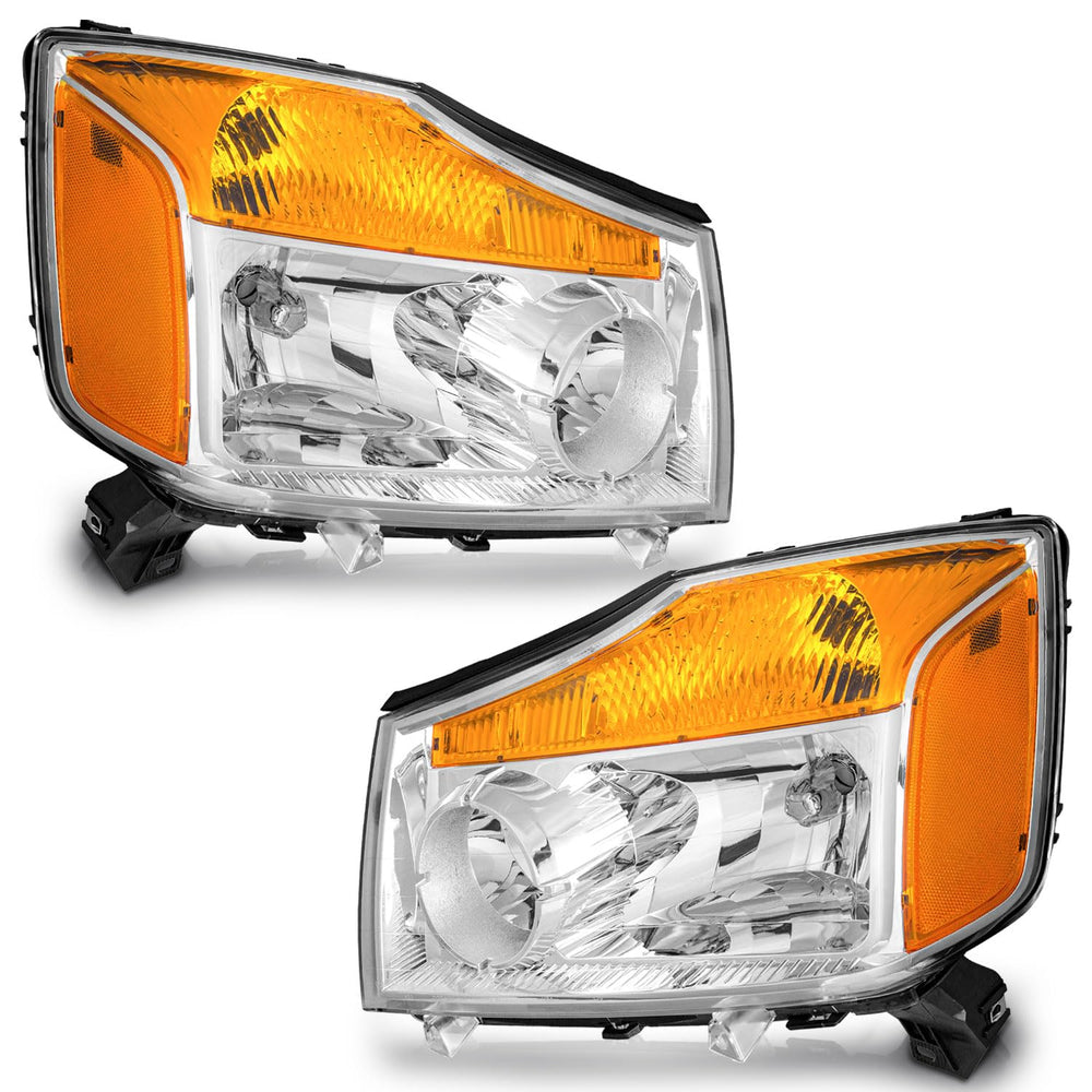 WEELMOTO Nissan Titan headlight assembly with chrome bezel enhances nighttime visibility.