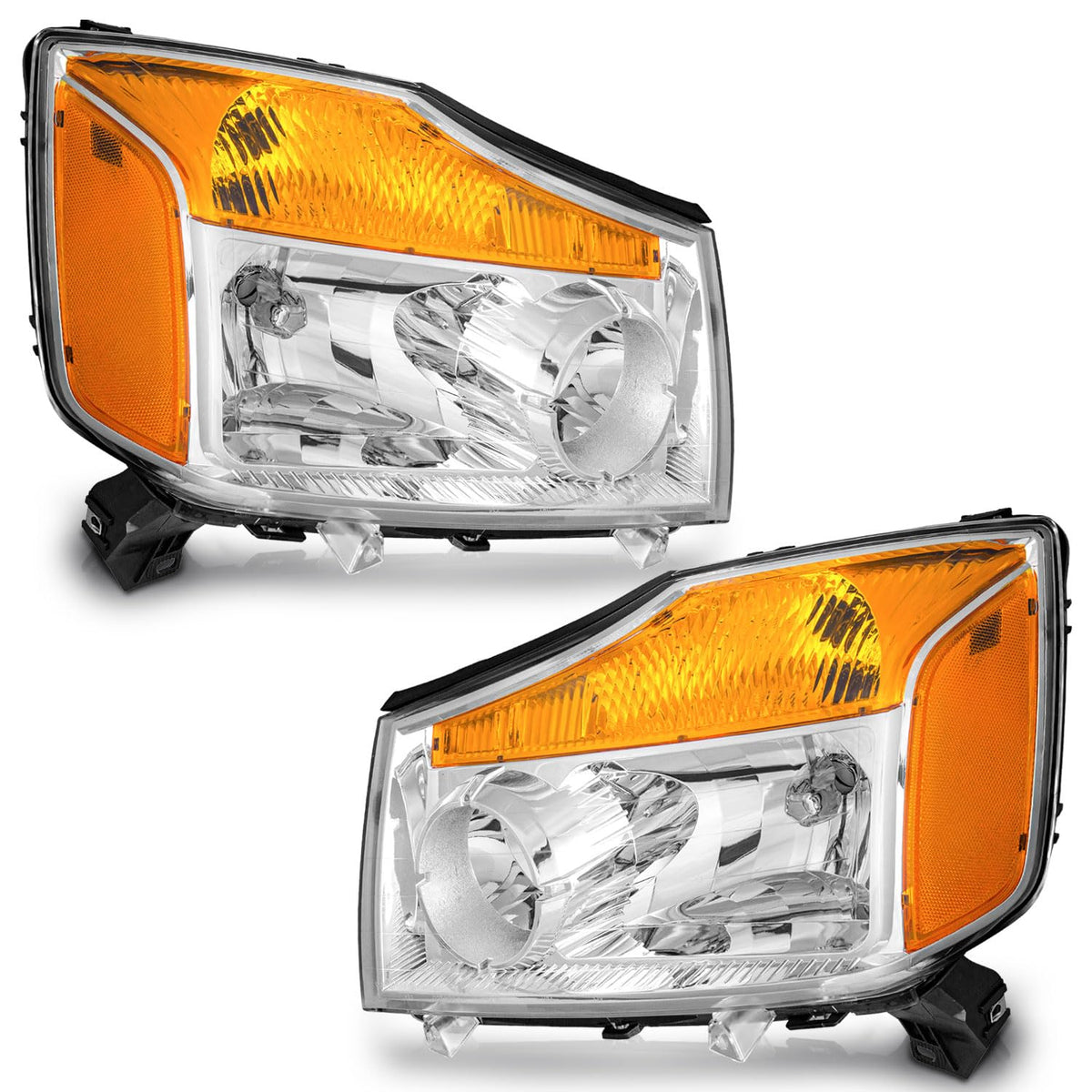 WEELMOTO Nissan Titan headlight assembly with chrome bezel enhances nighttime visibility.