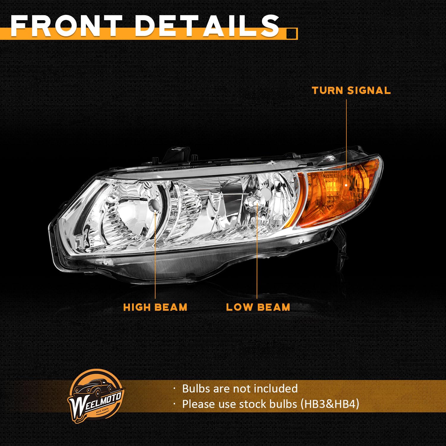 WEELMOTO front view of 2006-2011 Honda Civic headlight pair with chrome styling