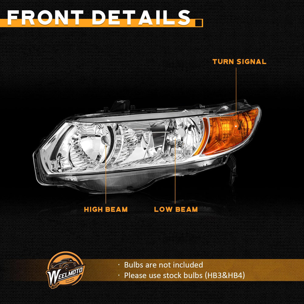 WEELMOTO front view of 2006-2011 Honda Civic headlight pair with chrome styling
