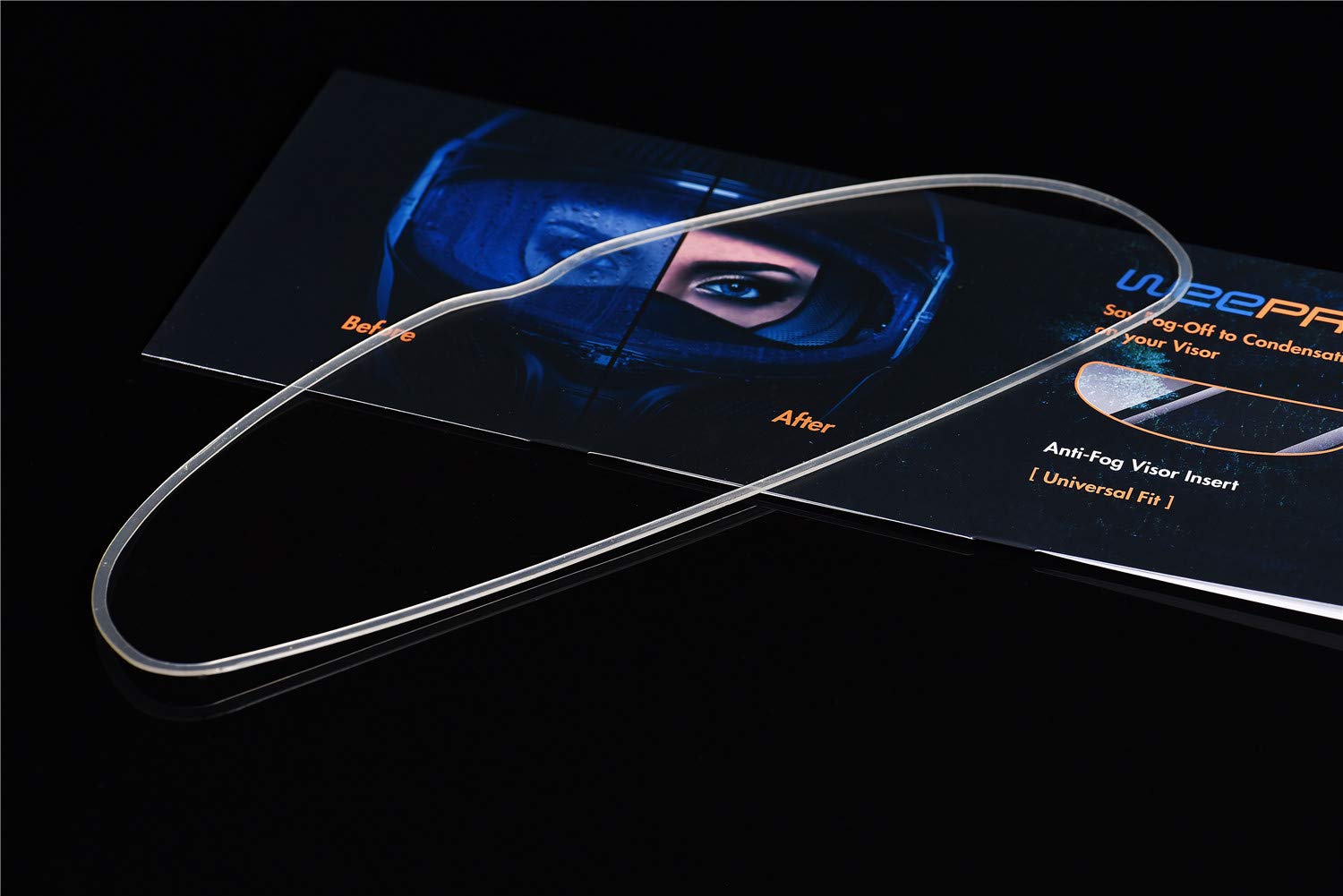 WeePro anti-fog film visor application shows quick paste-on use.