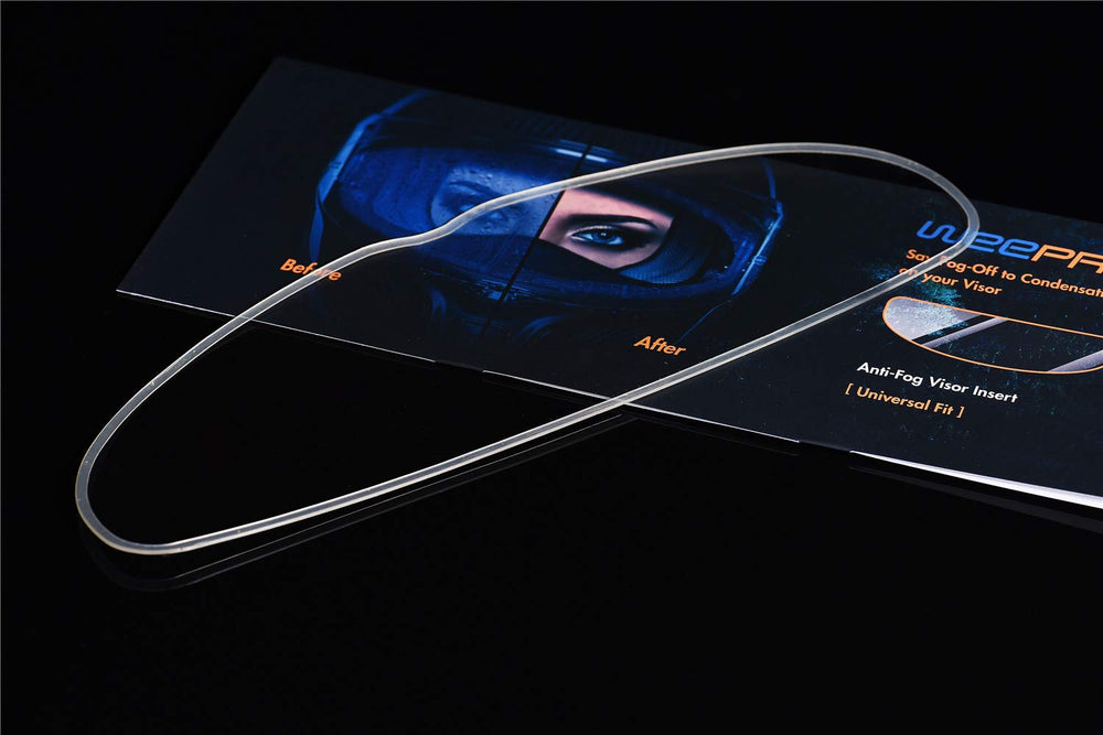 WeePro anti-fog film visor application shows quick paste-on use.