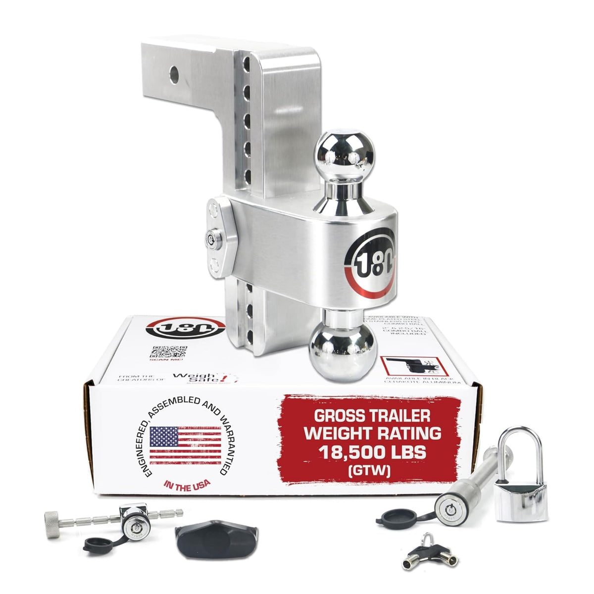 Weigh Safe adjustable hitch with 8-inch drop shown for precise trailer height alignment