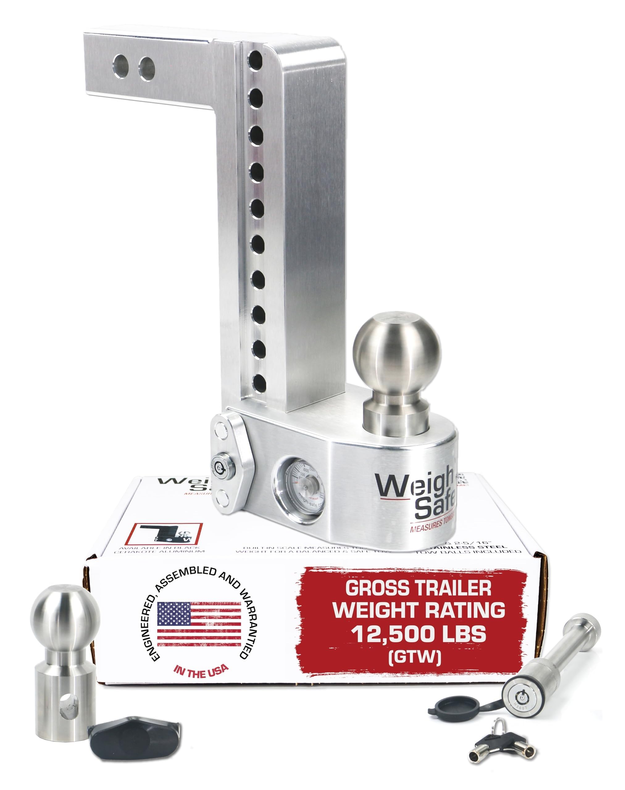Weigh Safe aluminum adjustable hitch assembly with precise drop and rise for level towing