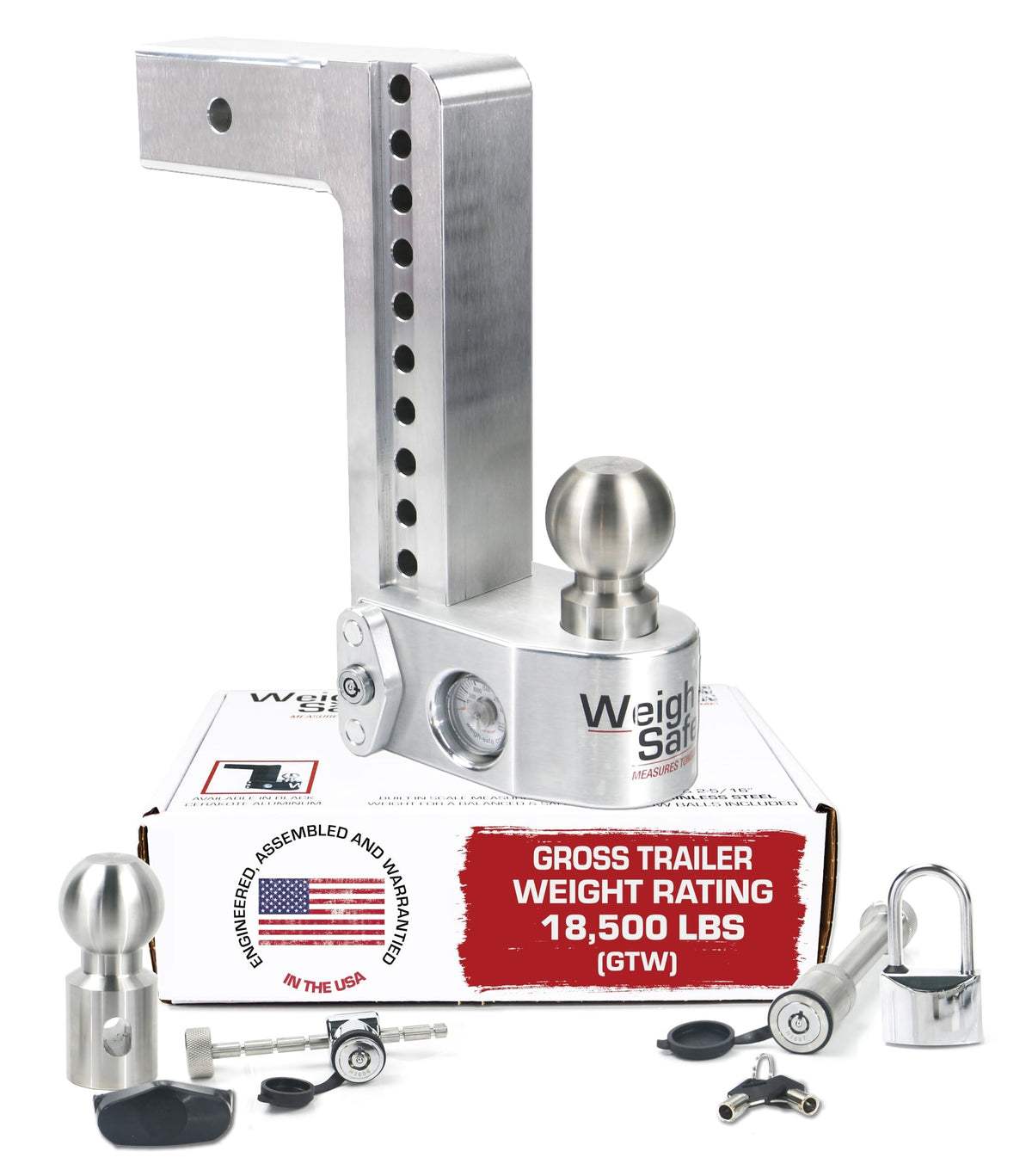 Weigh Safe aluminum adjustable trailer hitch with 10-inch drop for precise towing alignment.